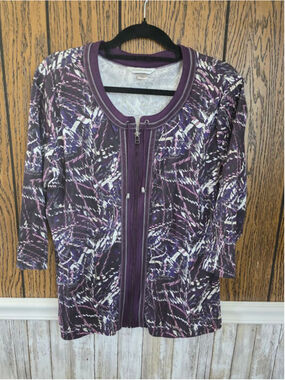 Women's Christopher & Banks XL Purple White Abstract Full Zip NWOT Top
